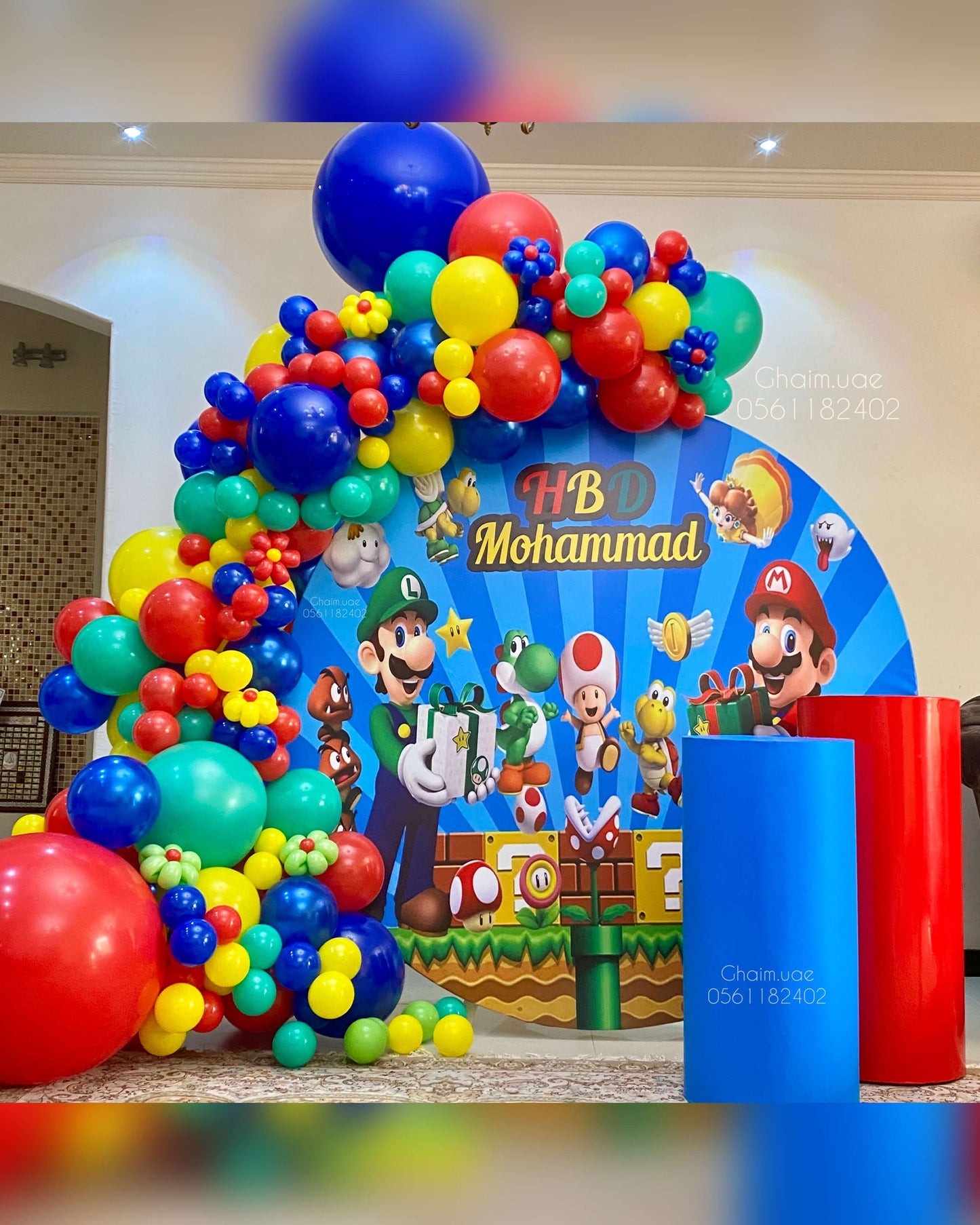 Mario birthday party balloon backdrop with colorful balloons for kids event in Dubai.