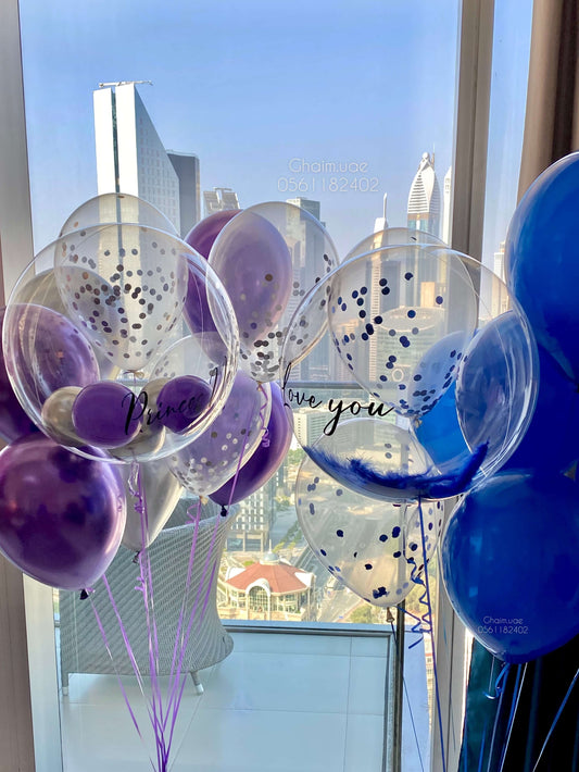 Purple, silver, and blue helium balloon bouquet with confetti balloons and custom text bubble balloons