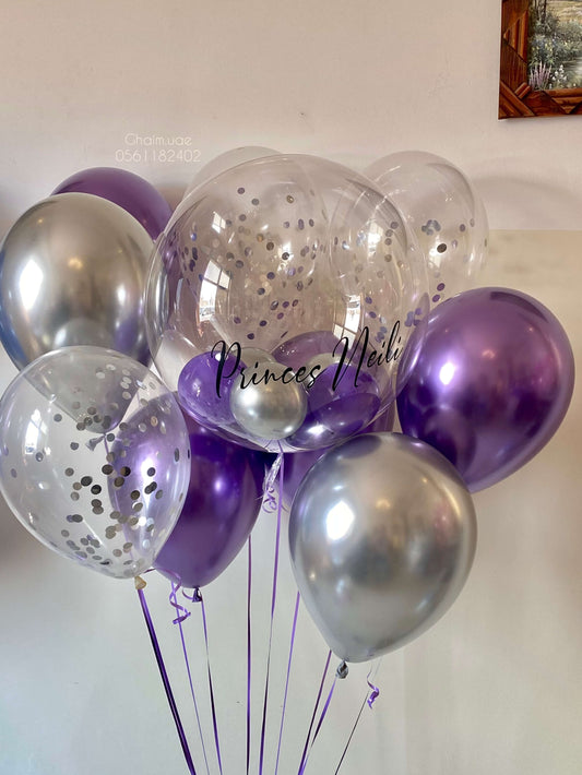 Purple and silver helium balloon bouquet with confetti balloons and custom text bubble balloon