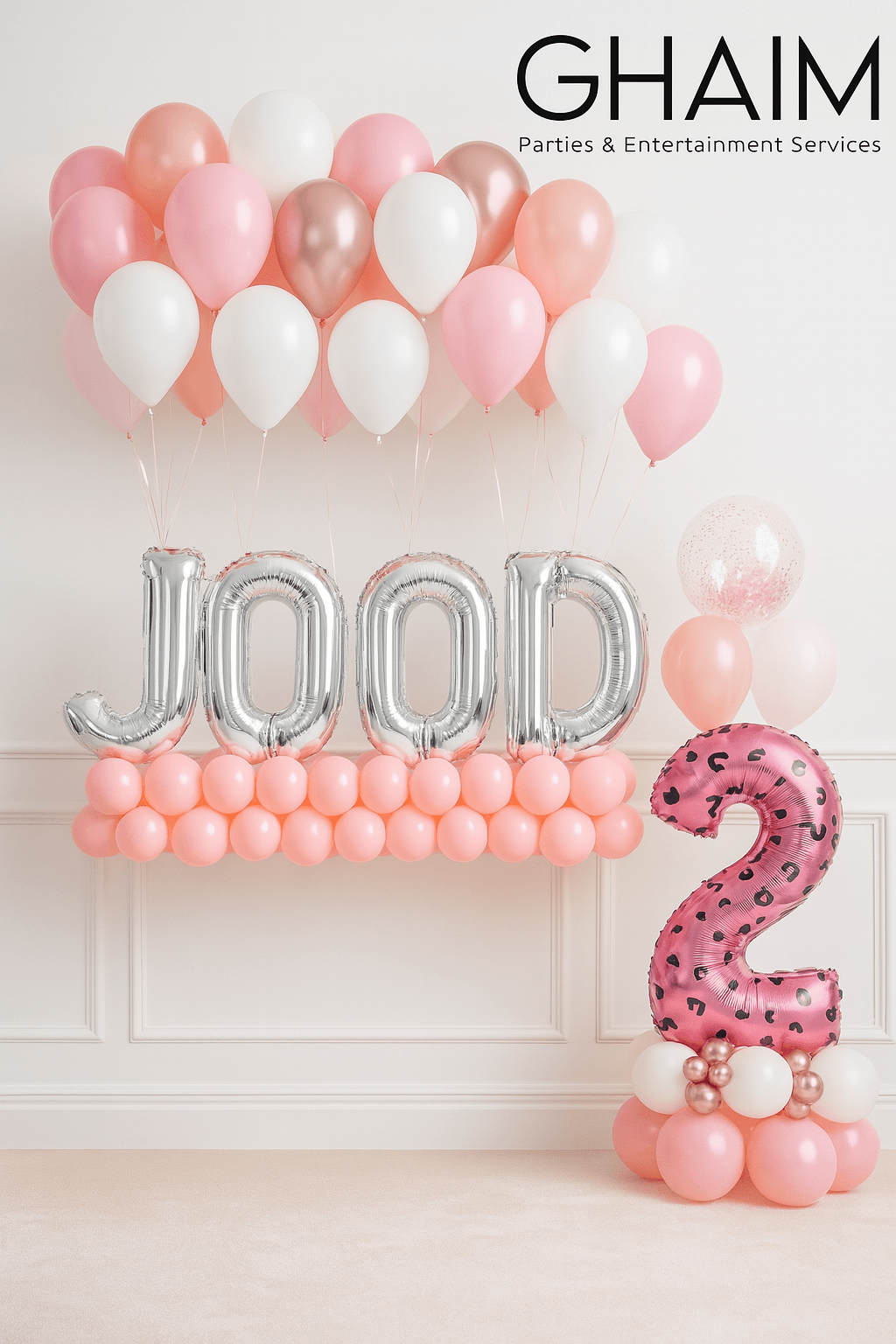 Pink and rose gold birthday balloon decor for luxury kids party in Dubai.